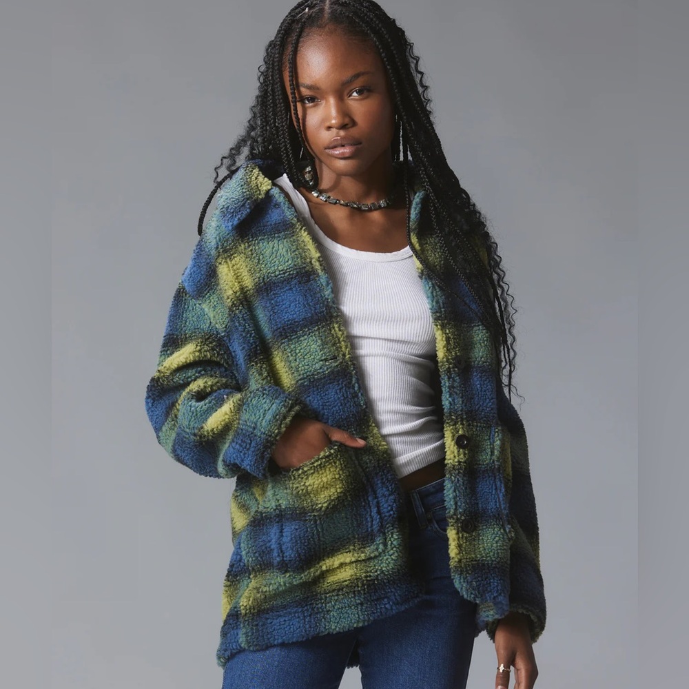 UNIF Vague Plaid Fleece Oversized Jacket Size XL Blue Green Teddy Sherpa Cozy